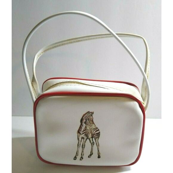 Childs Zebra Handbag Vinyl Strap Purse Bag Vintage NOS White Red Retro Fashion - Picture 8 of 10